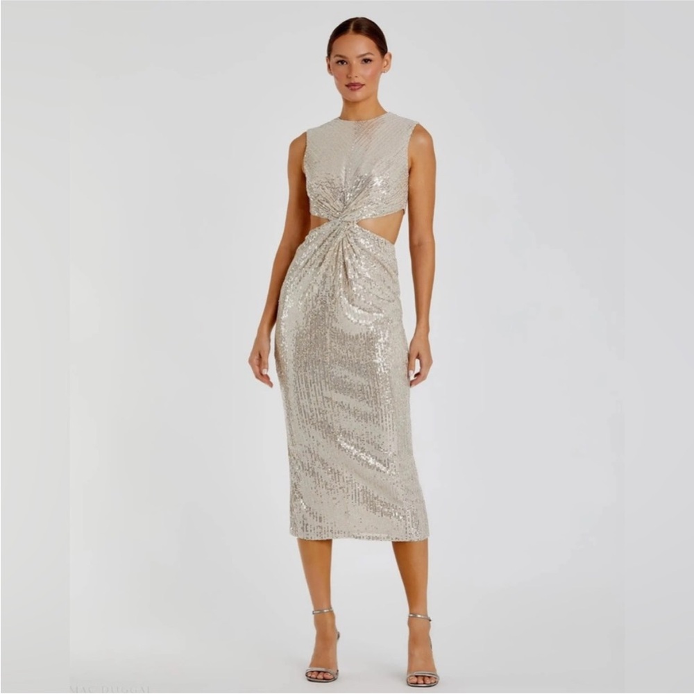 NWT Mac Duggal Size 4 Nude Cut-out Twist Front Silver Sequin Midi Dress 27022